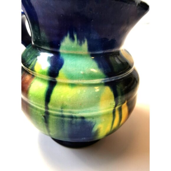 Vtg Art Pottery Pitcher Blue Green Yellow Drip Glaze Jug MCM Fat Lava Style - Picture 8 of 10